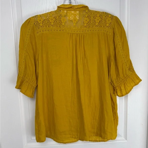 Anthro Maeve Magritte Linen Puff Sleeve Button Font Blouse Size 2 Yellow Gold - Picture 5 of 12